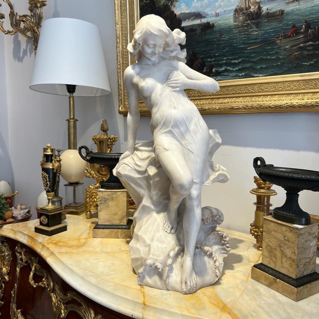 Sculpture En Marbre De Carrare D’une Jeune Femme à La Sortie  Du Bain D’époque Fin XIX Ieme -photo-6