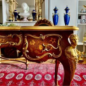 Louis XV Ceremonial Desk With Espagnolettes In Marquetry Late XIX Ieme Period