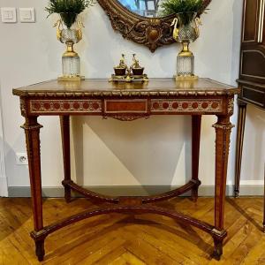 Middle Table Of Ceremonial Louis XVI Style In Rosewood, Leather Top And Bronzes XIX Ieme