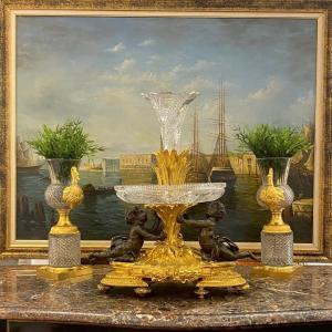 Grand Centre De Table En Bronze Doré Et Cristal Décors Aux Puttis De La Maison  Picard XIX Ieme