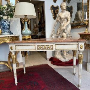 Console Louis XVI 18 Ieme In Rechampi And Gilded Wood With 4 Feet Marble Top