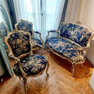 Louis XV Style Living Room (3 Pieces) In Lacquered And Gilded Wood Reverse Of A Tapestry Period XIX I