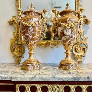 Pair Of Marble Cassolettes Decorated With Puttis From The Napoleon III Period