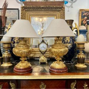 Pair Of Antique Lamp In Gilt Bronze And Base In Cherry Red Marble Napoleon Ili Period