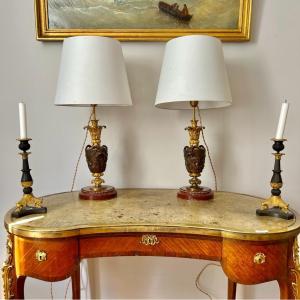 Paire De Lampes Napoléon III En Bronze Doré Et Patine Brune Soclée De Marbre Rouge XIX Ieme 