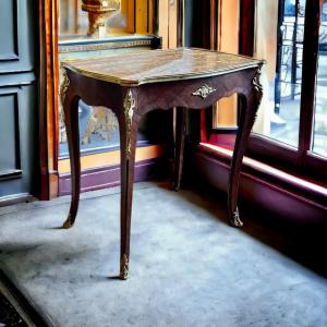 Louis XV Style Side Table In Violet Wood, Marble Top, Late 19th Century