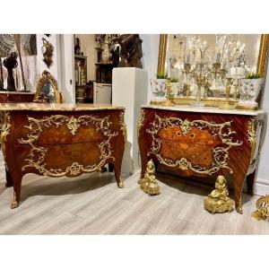 Pair Of Louis XV Style Ceremonial Chests In Period Flower Marquetry Late 19th Century