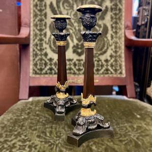 Pair Of Double Patina Bronze Candlesticks From 19th Century Restoration Period 