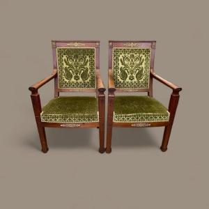 Pair Of Directoire Style Armchairs In Mahogany, 19th Century 