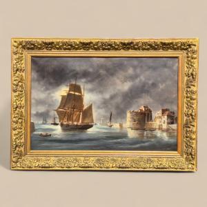 Vue du Havre, Marine à l’huile sur toile, signée Edouard Adam, 1904