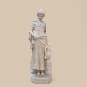 Young Girl At The Fountain, 19th Century White Carrara Marble Sculpture, Italy
