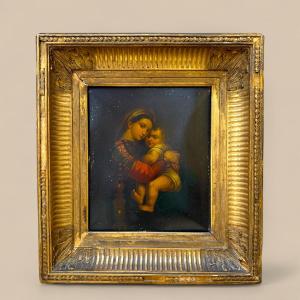 Vierge à l’Enfant, huile sur métal dans un cadre à canaux doré, d’après Raphaël, XIXᵉ siècle
