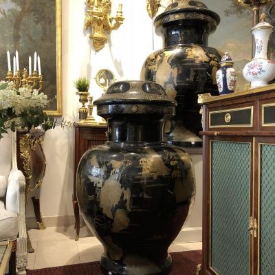 Pair Of Large Covered Jars (122 Cm) Lacquer From China Early XXth