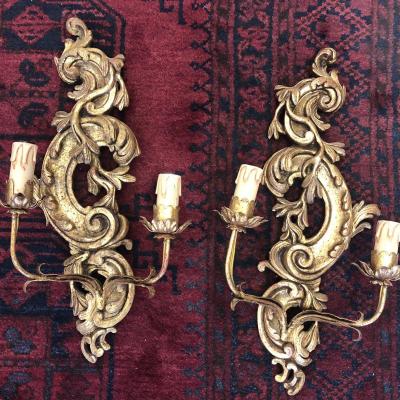 Pair Of Louis XV Style Wall Sconces Gilded Wood 2 Fires Early XX Ieme