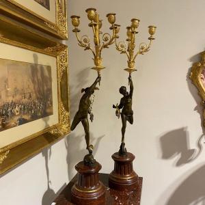 Pair Of Bronze Candlesticks "hermès And Diane" On Marble Base XIX Ieme