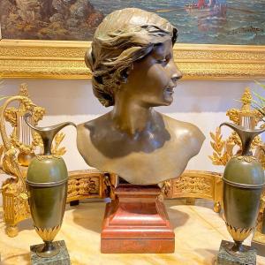 Buste De Jeune Femme En Bronze De Jules Blanchard ( 1832-1916) Sur Piétement Marbre 