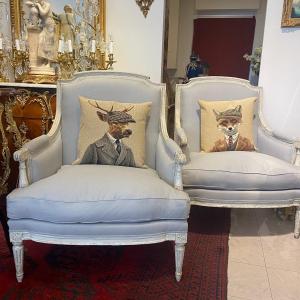 Pair Of Louis XVI Bergeres In Lacquered Wood Reupholstered In Linen. Late 19th Century Period