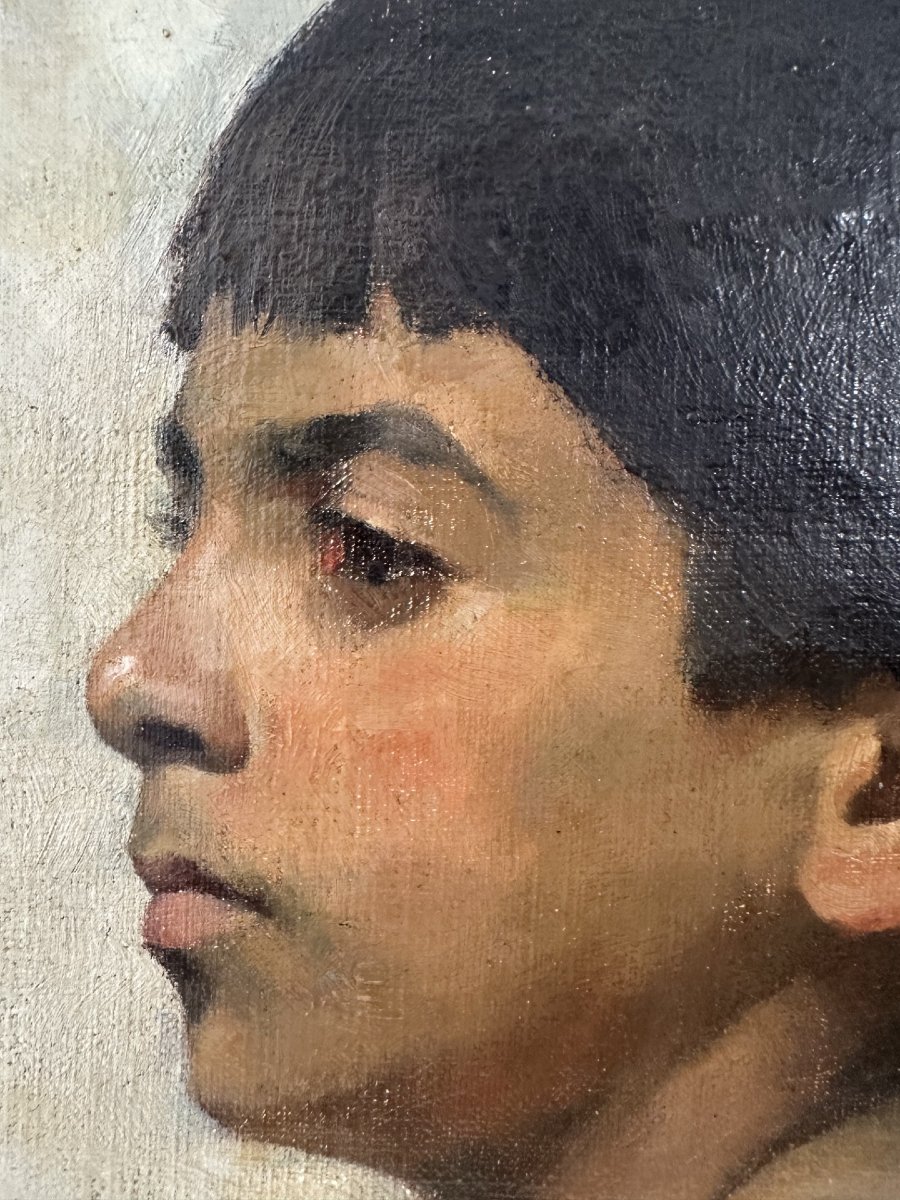 Berthe Burgkan (1855-1936) Portrait Of A Young Boy In Profile, Oil On Canvas, 1889-photo-2
