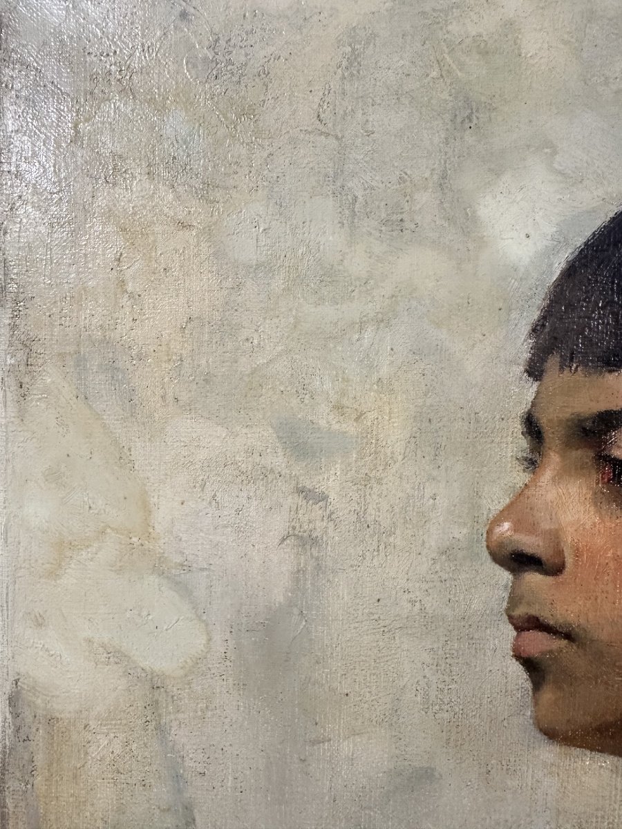 Berthe Burgkan (1855-1936) Portrait Of A Young Boy In Profile, Oil On Canvas, 1889-photo-1