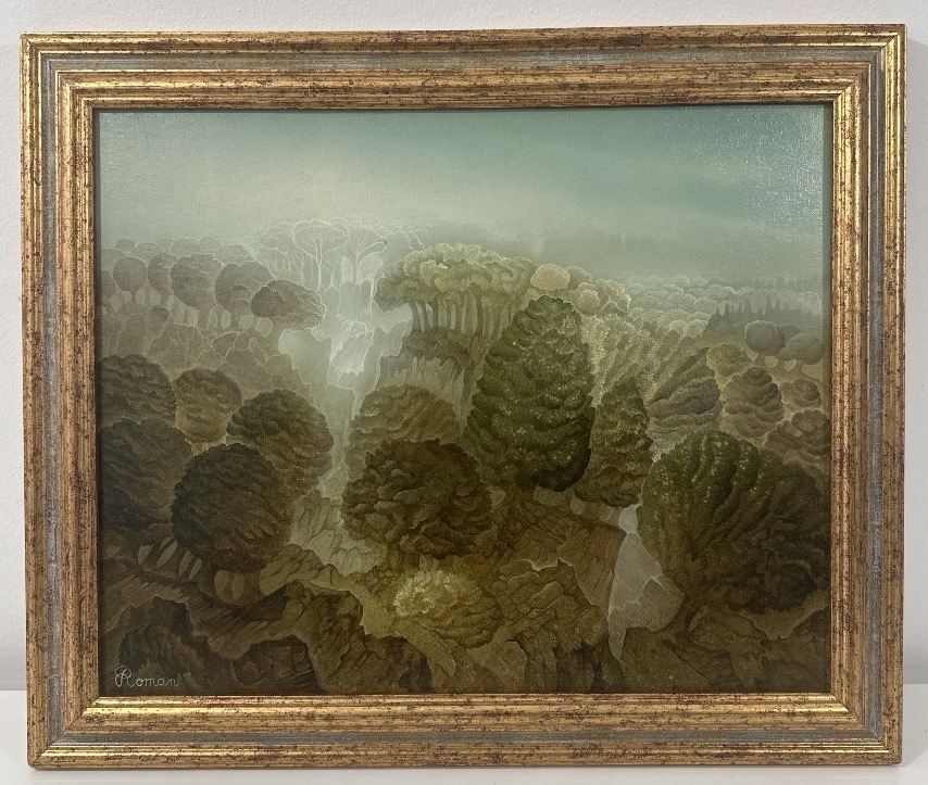 Bernard Ambielle (1951) Dit Roman Oil On Canvas, Surreal Landscape, Undergrowth, Strasbourg