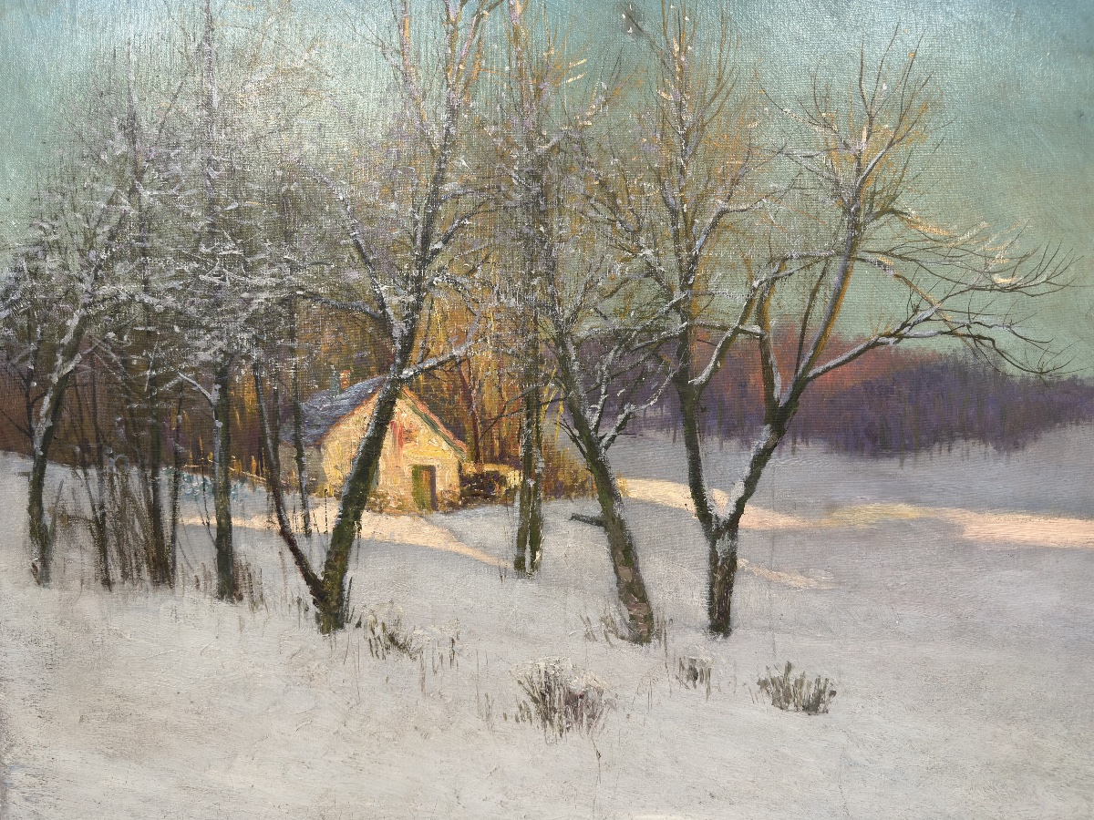 Jean Beauduin (1851-1916) Winter Landscape, Thatched Cottage In The Snow - Oil On Canvas Signed-photo-7