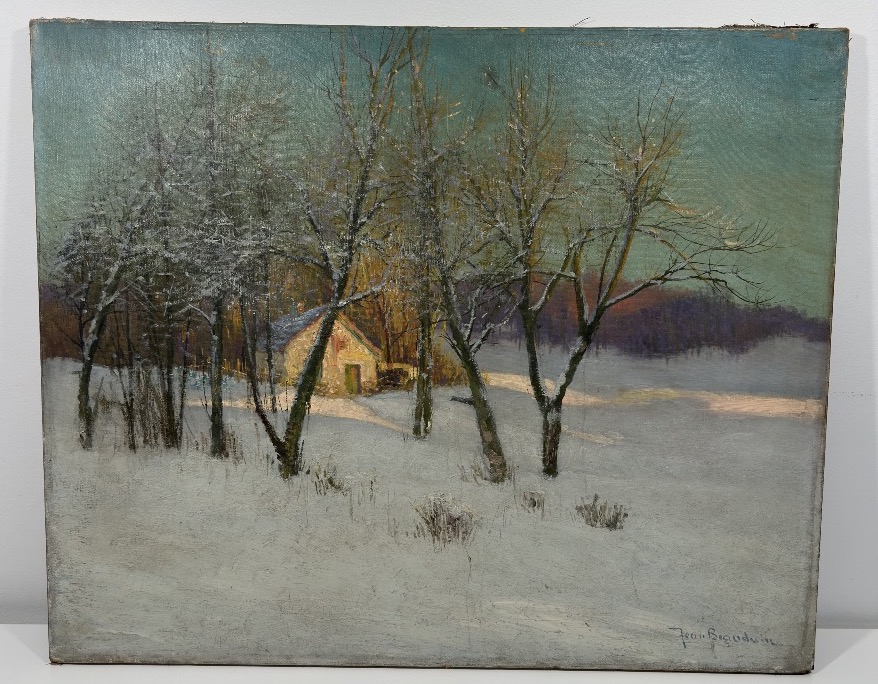 Jean Beauduin (1851-1916) Winter Landscape, Thatched Cottage In The Snow - Oil On Canvas Signed