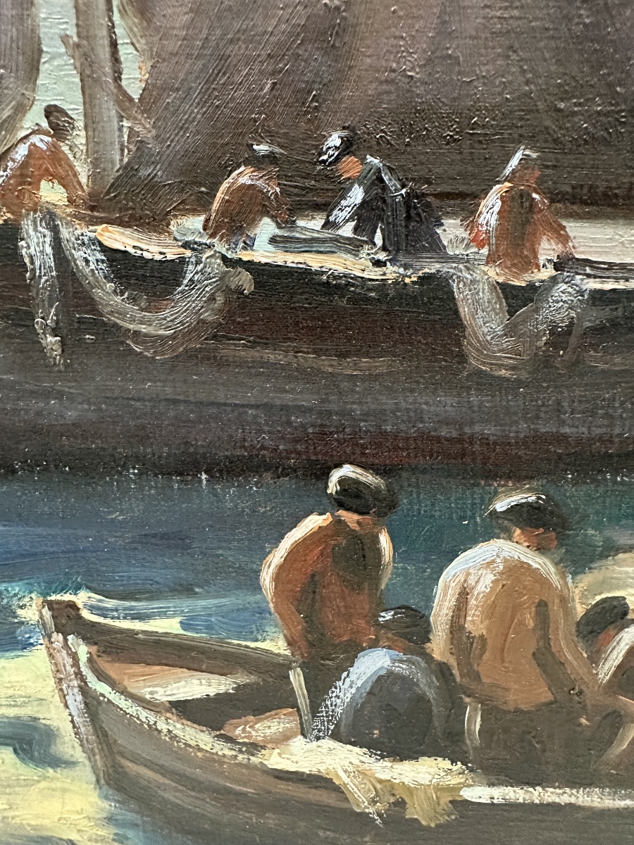 Fortuné Pirazzini (1907-2003) Oil On Canvas Night In The Port - Finistère Brittany-photo-4