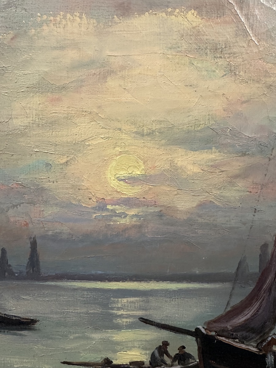 Fortuné Pirazzini (1907-2003) Oil On Canvas Night In The Port - Finistère Brittany-photo-6