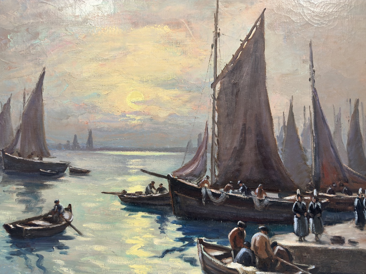 Fortuné Pirazzini (1907-2003) Oil On Canvas Night In The Port - Finistère Brittany-photo-7