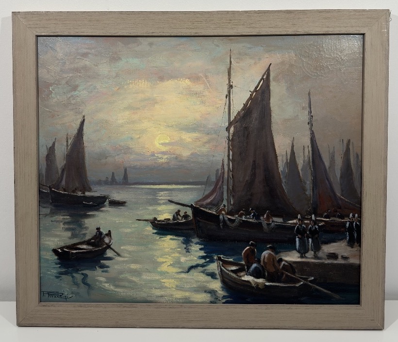 Fortuné Pirazzini (1907-2003) Oil On Canvas Night In The Port - Finistère Brittany
