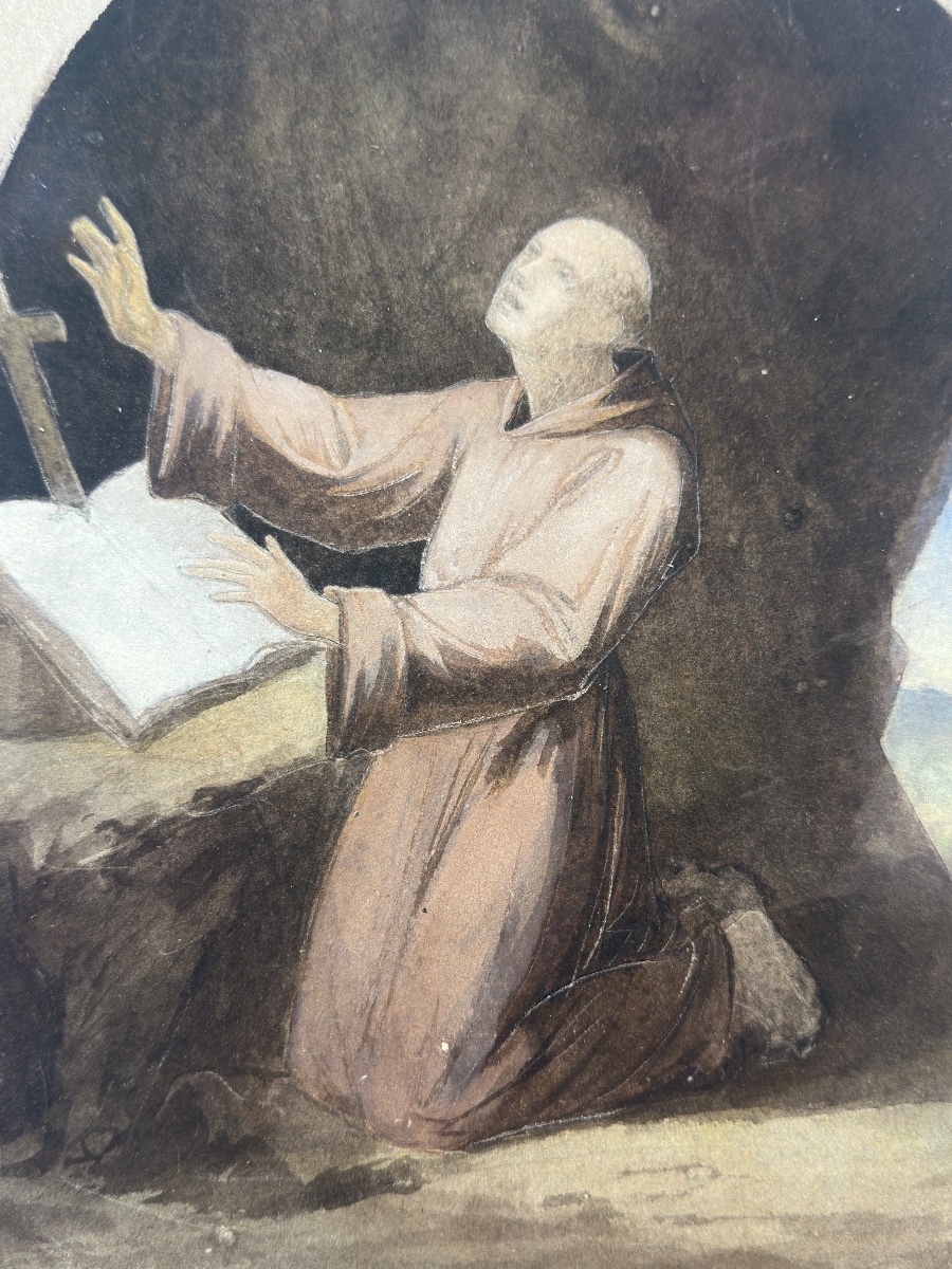 Camille Auguste Gastine (1819-1867) Saint Francis Of Assisi In Ecstasy, Gouache -photo-3