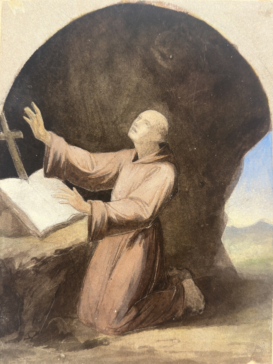 Camille Auguste Gastine (1819-1867) Saint Francis Of Assisi In Ecstasy, Gouache 