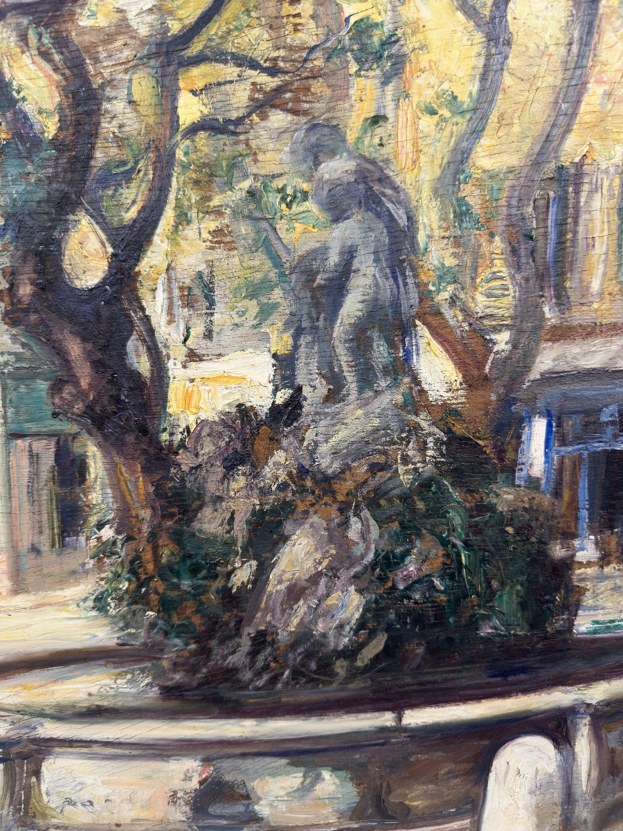 Pierre ALMES (1880-1944) Fontaine animée sur une place  / Pays Basque ? Cadre Bouche-photo-1