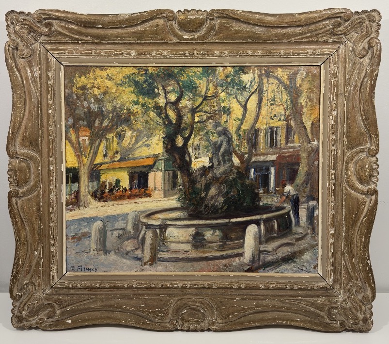 Pierre ALMES (1880-1944) Fontaine animée sur une place  / Pays Basque ? Cadre Bouche
