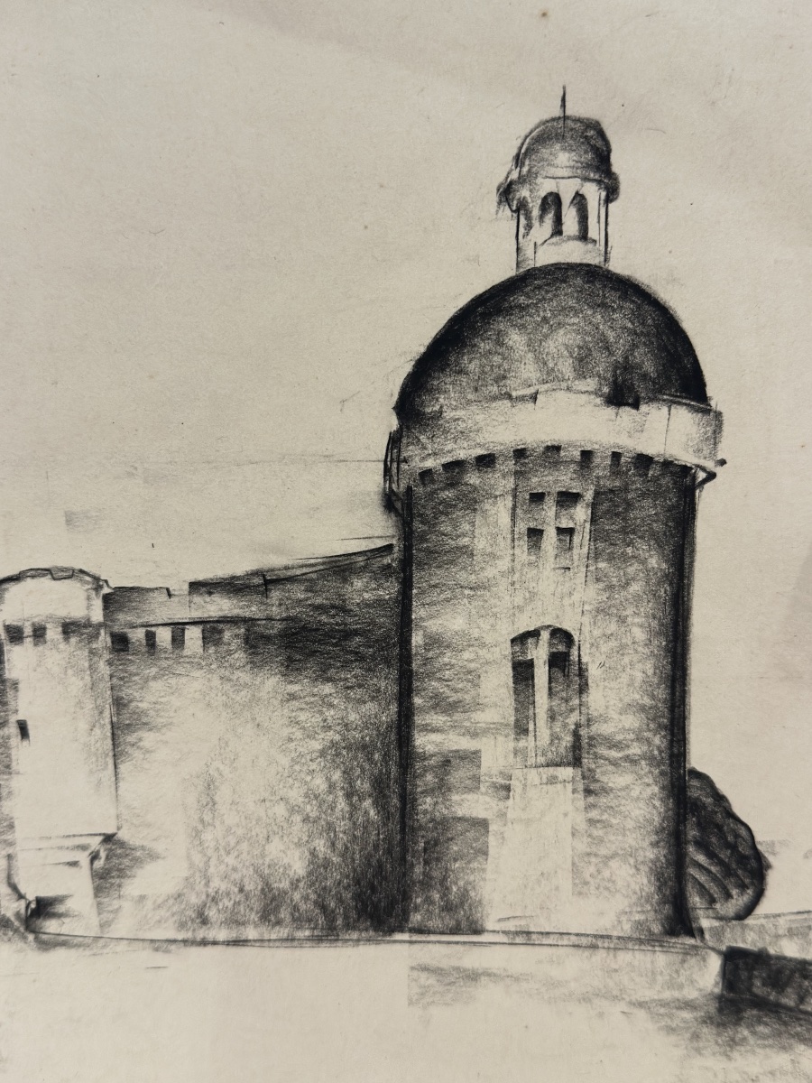Macario VITALIS (1898-1989) — Fusain fixé , Château de Hautefort, Dordogne 1942 philippines -photo-5