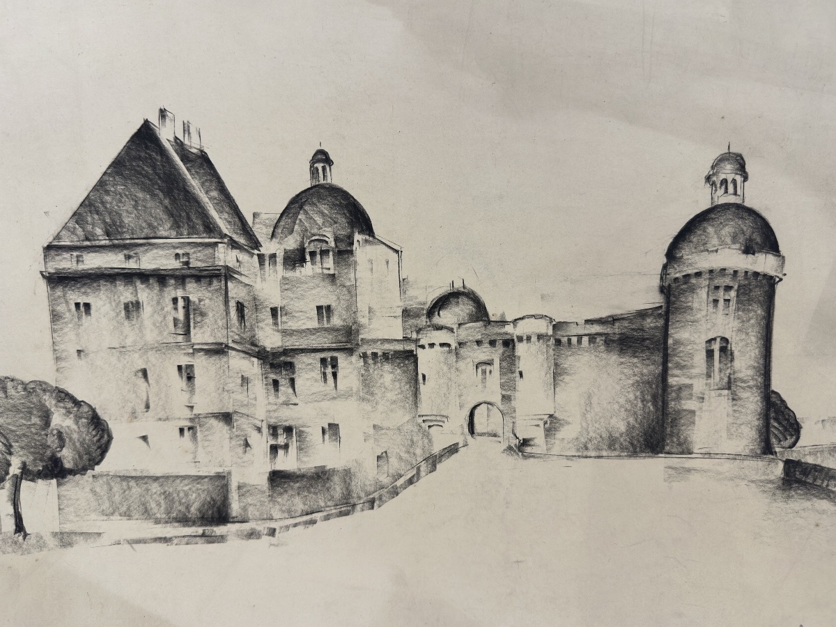 Macario VITALIS (1898-1989) — Fusain fixé , Château de Hautefort, Dordogne 1942 philippines 