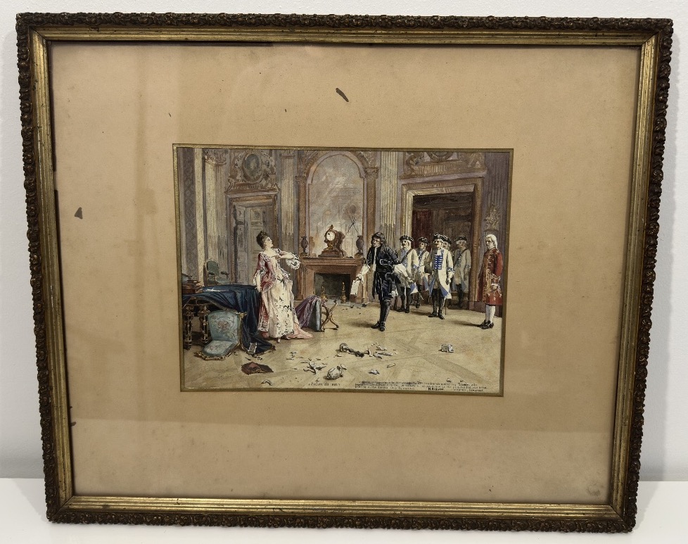 Watercolor/gouache, 19th Century. Aristocratic Genre Scene After Jules Girardet, Signed H. Biss-photo-2