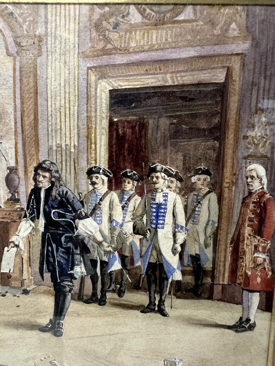 Watercolor/gouache, 19th Century. Aristocratic Genre Scene After Jules Girardet, Signed H. Biss-photo-1