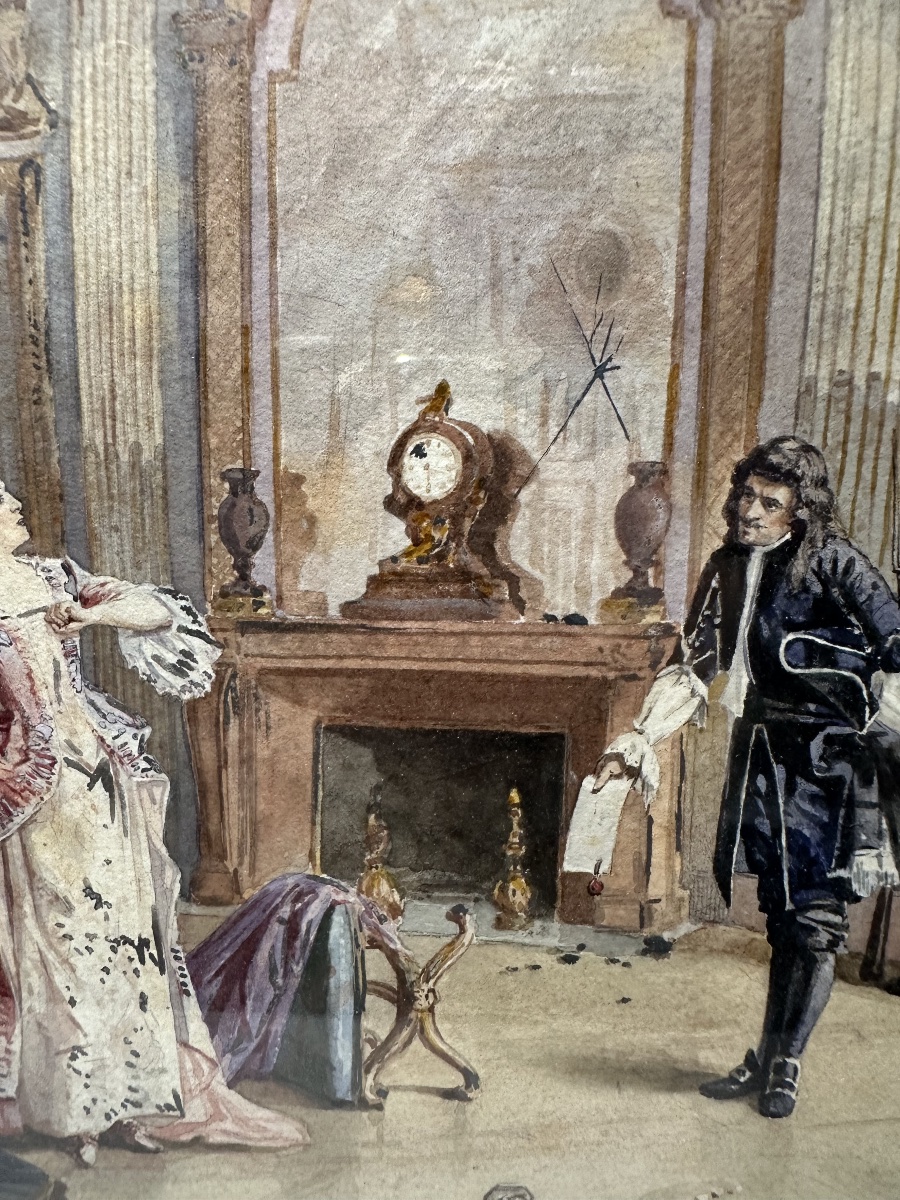 Watercolor/gouache, 19th Century. Aristocratic Genre Scene After Jules Girardet, Signed H. Biss-photo-2