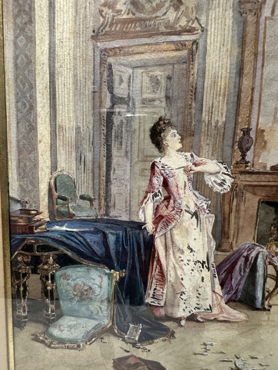 Watercolor/gouache, 19th Century. Aristocratic Genre Scene After Jules Girardet, Signed H. Biss-photo-3