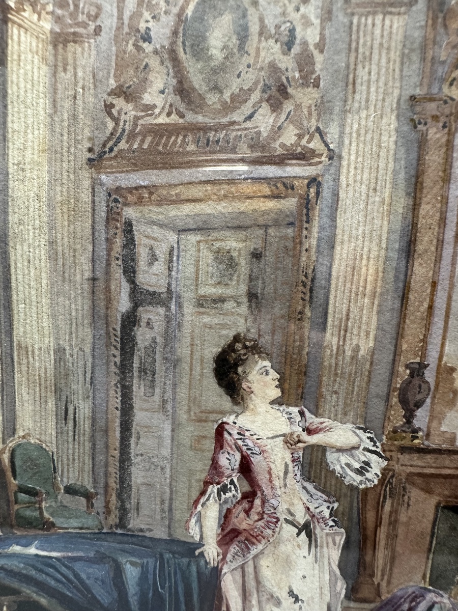 Watercolor/gouache, 19th Century. Aristocratic Genre Scene After Jules Girardet, Signed H. Biss-photo-4