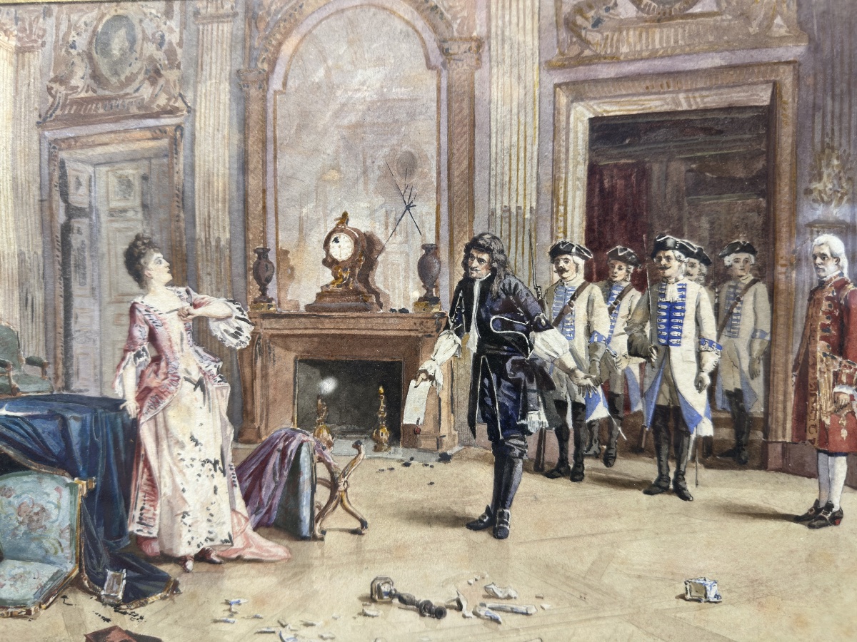 Watercolor/gouache, 19th Century. Aristocratic Genre Scene After Jules Girardet, Signed H. Biss