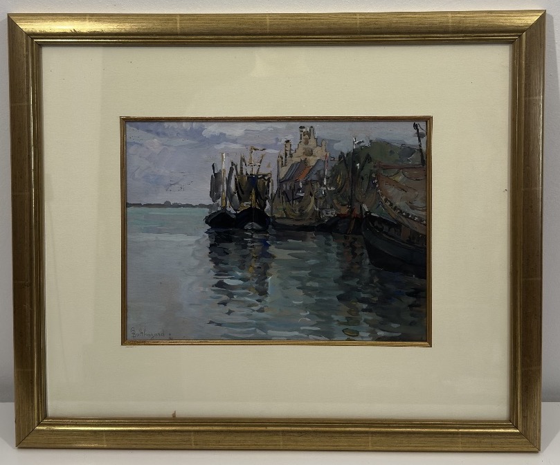 Gouache XXe – Vue de port animée, bateaux à quai – Germaine Balthazard-Bernard (1883-1977)-photo-2