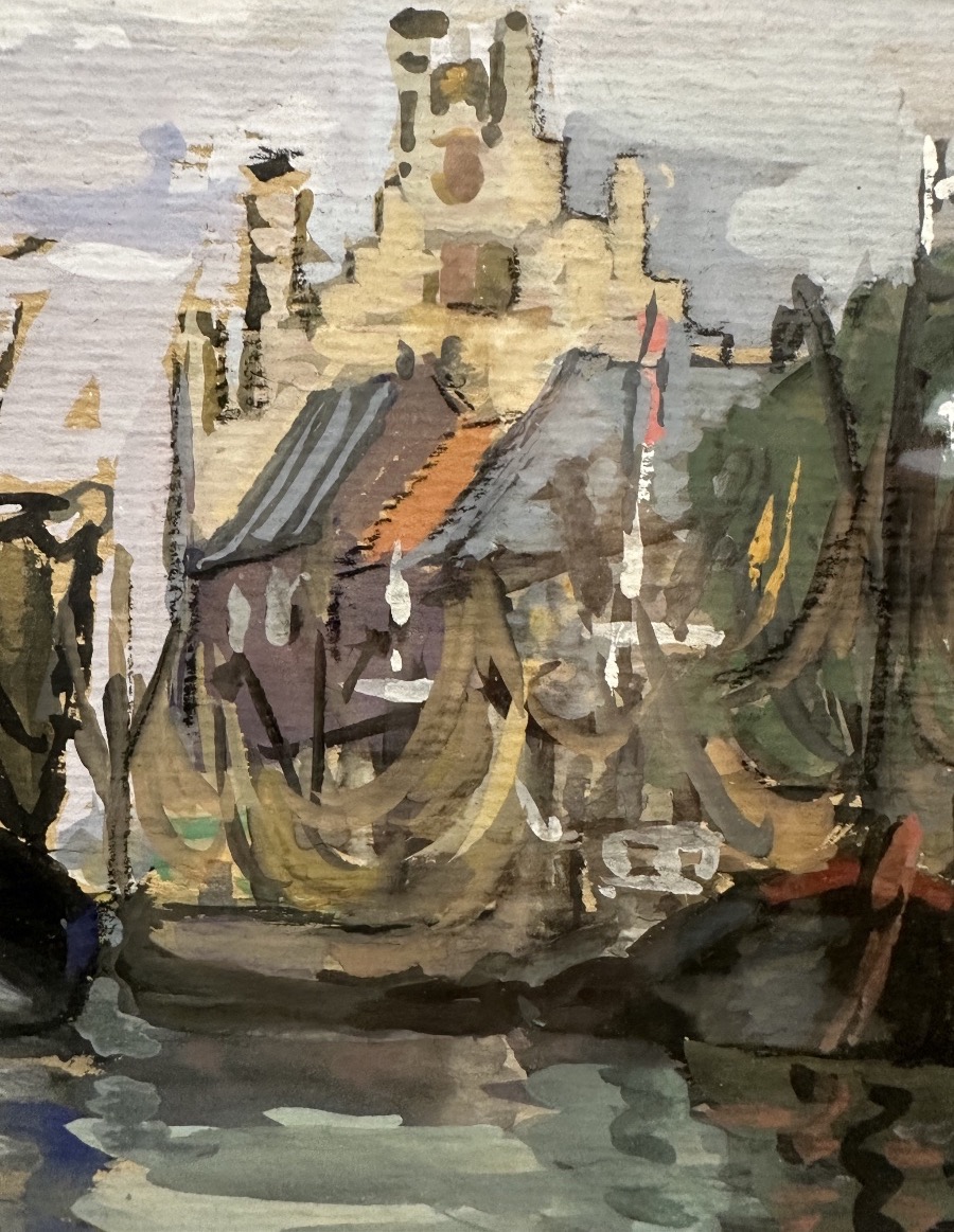 Gouache XXe – Vue de port animée, bateaux à quai – Germaine Balthazard-Bernard (1883-1977)-photo-3