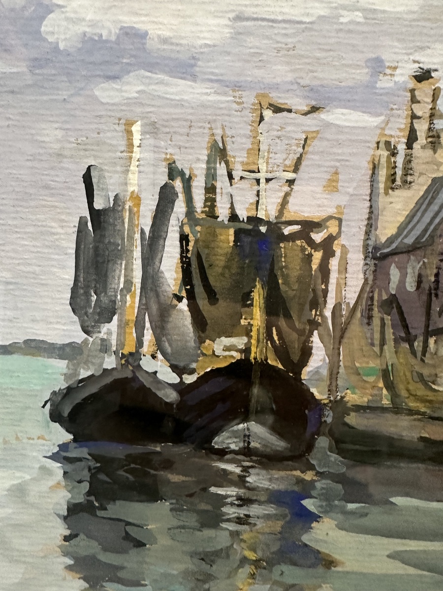Gouache XXe – Vue de port animée, bateaux à quai – Germaine Balthazard-Bernard (1883-1977)-photo-2