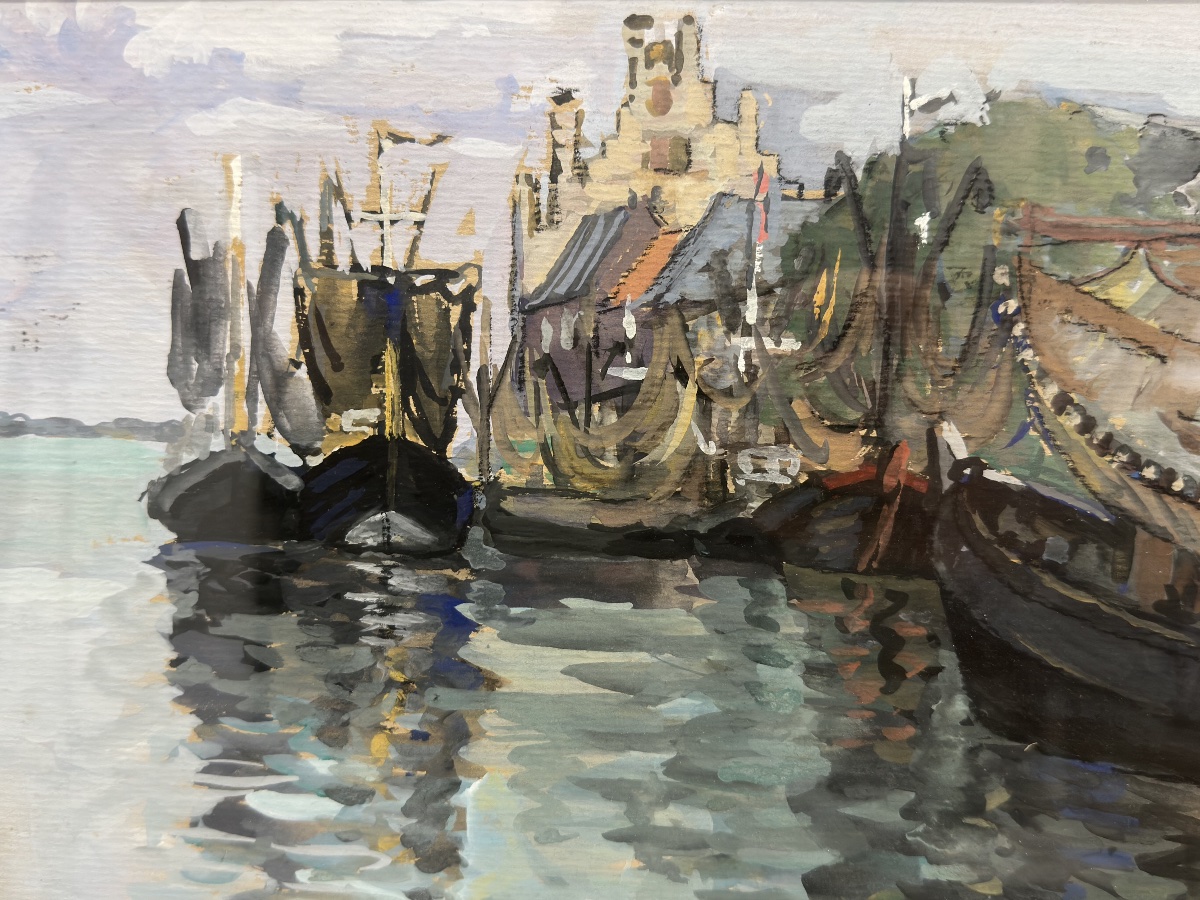 Gouache XXe – Vue de port animée, bateaux à quai – Germaine Balthazard-Bernard (1883-1977)