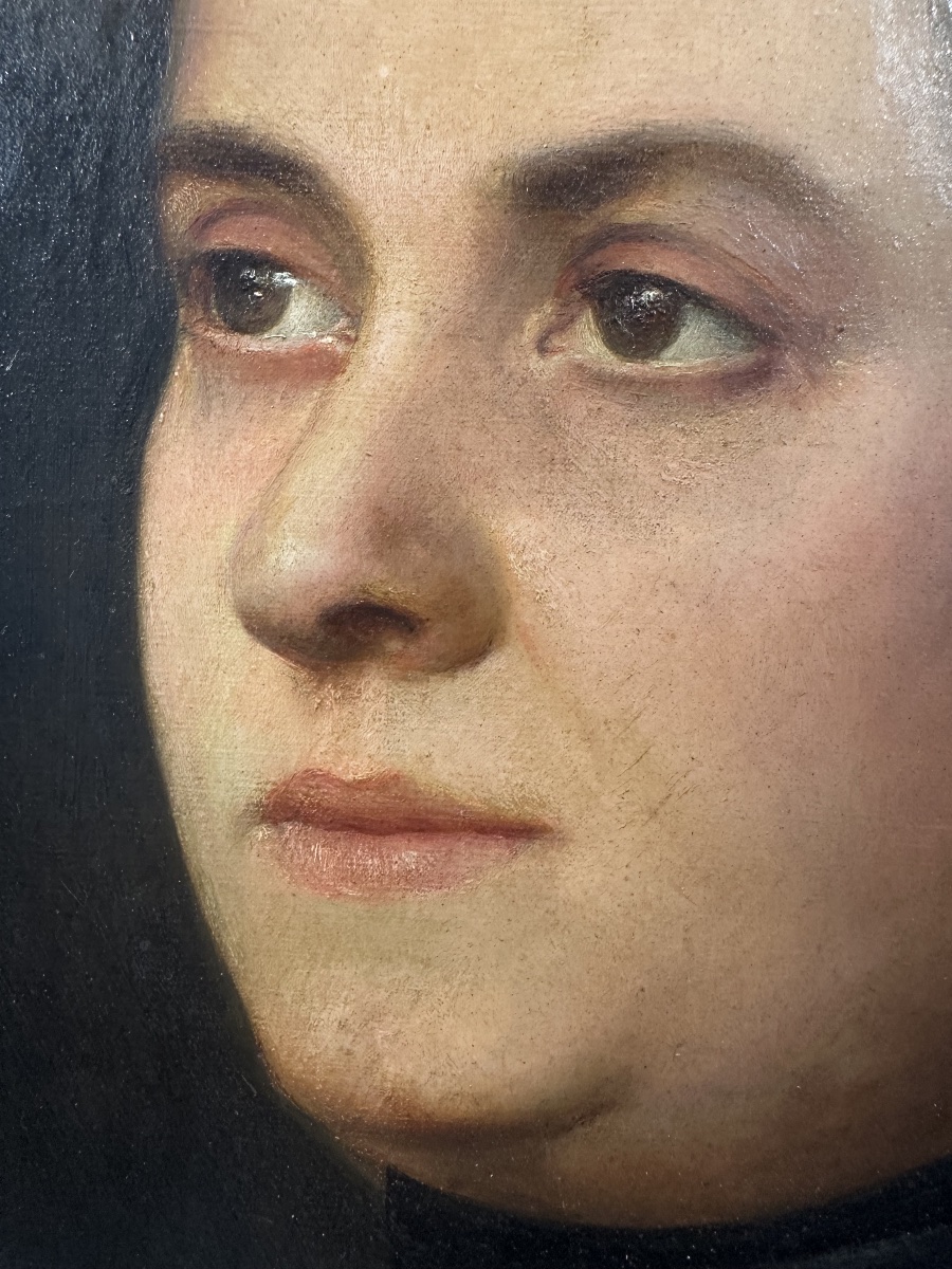 19th Century Oil On Canvas – Female Bust Portrait, Painted Oval Composition – French School-photo-3