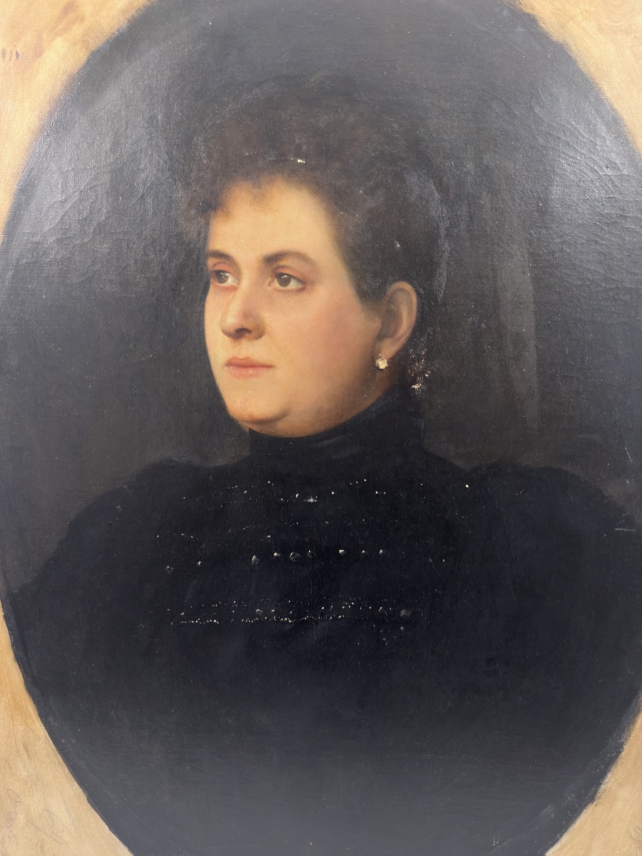 19th Century Oil On Canvas – Female Bust Portrait, Painted Oval Composition – French School-photo-6