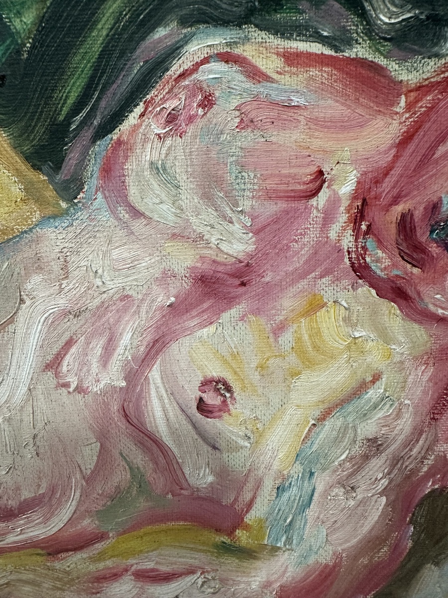 ÉCOLE DE PARIS  XXe  Huile sur toile : Deux femmes dans un paysage expressioniste fauviste-photo-2