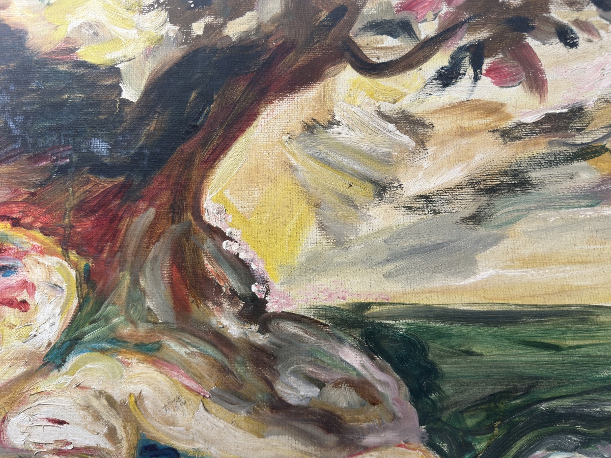 ÉCOLE DE PARIS  XXe  Huile sur toile : Deux femmes dans un paysage expressioniste fauviste-photo-5
